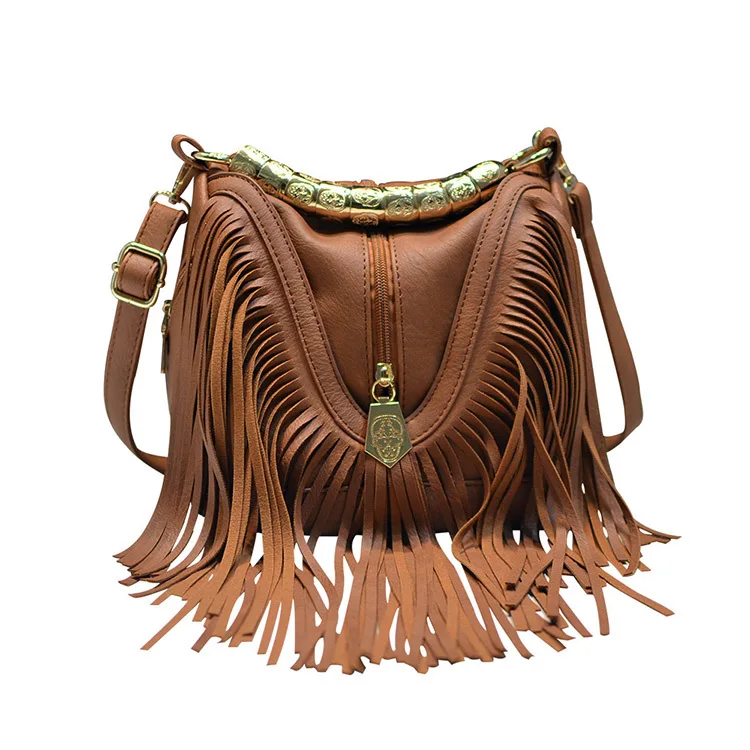 Bolso Bandolera Boho con Flecos y Borlas, Estilo Occidental, de Cuero PU con Adornos Metálicos, Correa Ajustable, Casual