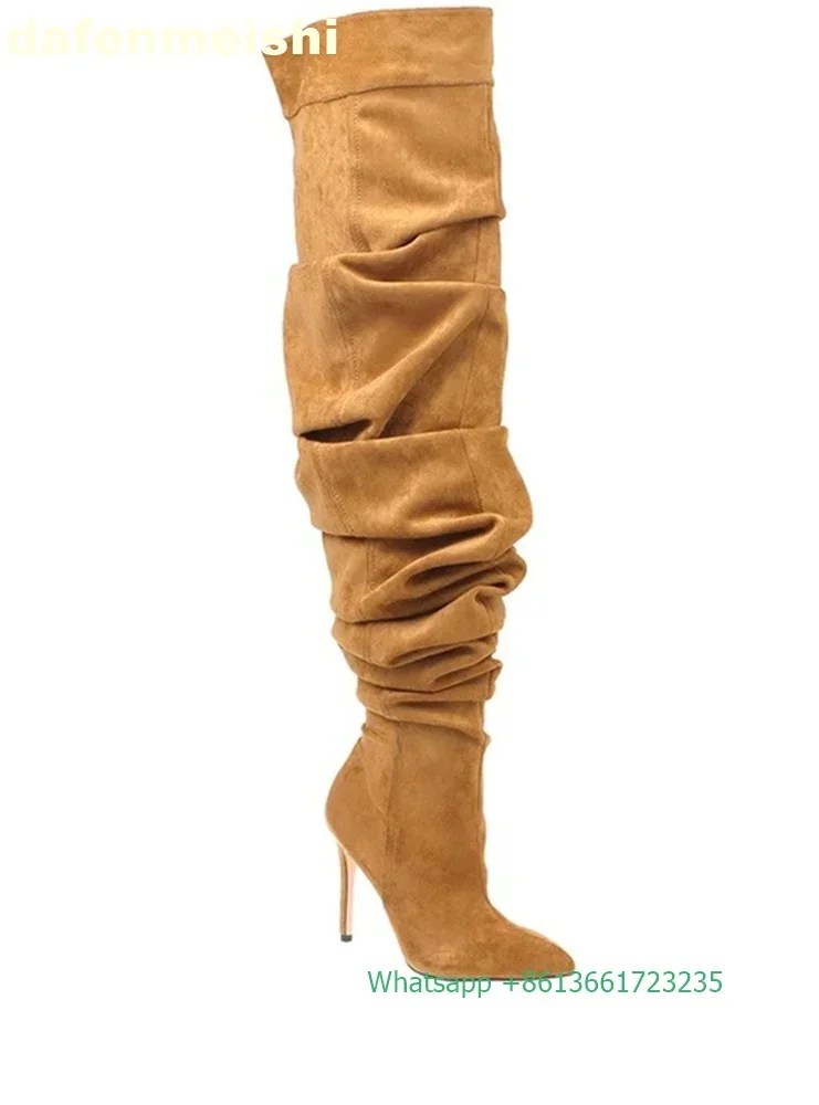 Denim Over The Knee Boots Women Fashion Thin High Heel Pleated Long Boots 2025 Winter New Pointed Toe Solid Color Women Boots