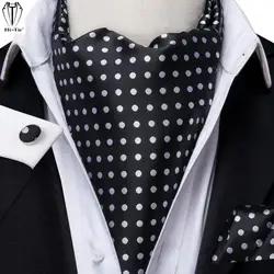 Hi-Tie Silk Vintage Men's Ascots Hanky Cufflinks Set Black White Dots Cravat Tie Suit Dress Men Jacquard Ascot High Quality Gift