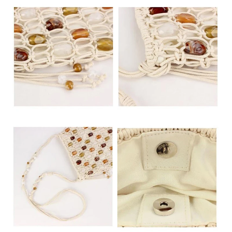 Bunte Ethnische Boho-Tasche mit Perlen und Gewachstem Seil, Gewebte Crossbody-Schultertasche, Ausgehöhlte Lässige Strand-Urlaubshandtasche, Leichte Handtasche – Detail 9