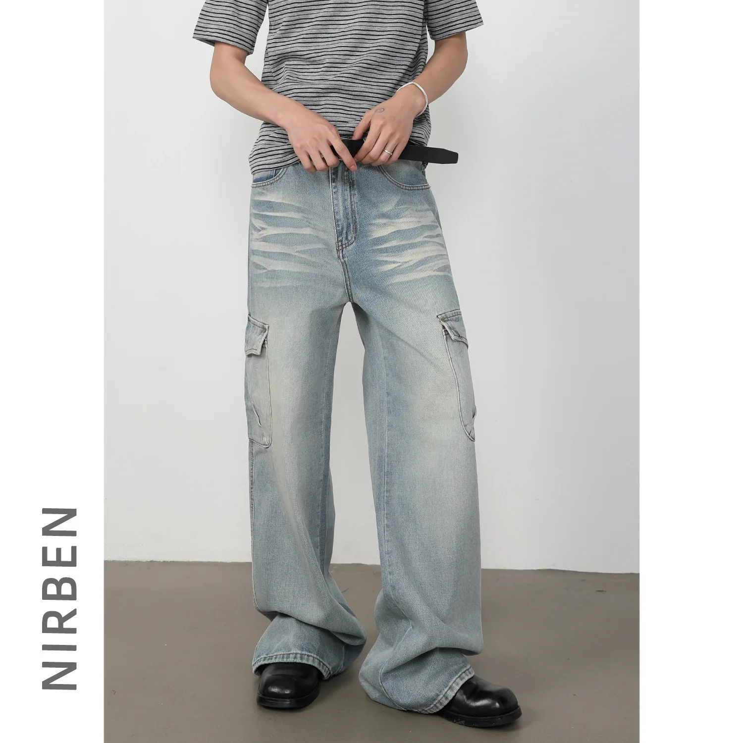 2026 Men's Light Blue Loose Straight Wide Leg Multi Pockets Casual Simple Basic Cargo Denim Trousers Male Jeans Pants Clothes