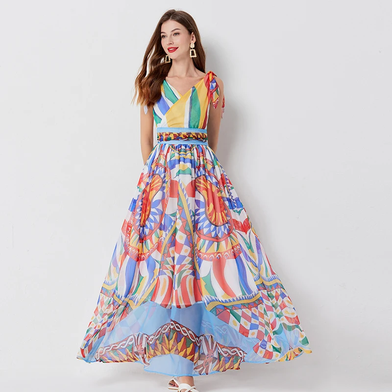 

Sexy Backless Long Maxi Dress Summer Woman Clothes 2024 Runway Fashion V Neck Sleeveless Print Chiffon Bohemian Vacation Dresses