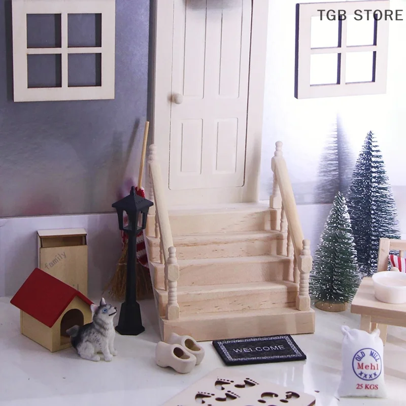 

1:12 Dollhouse Miniature Wooden Handrail Staircase Scene Plain Stairway Models Mini Stair Furniture Room Decor