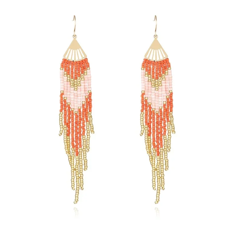 ZGMXR Rice bead earrings Tassel Originality Hand knitting Arrow Design Geometry Fashion Bohemia Simple Alloy Beaded earrings