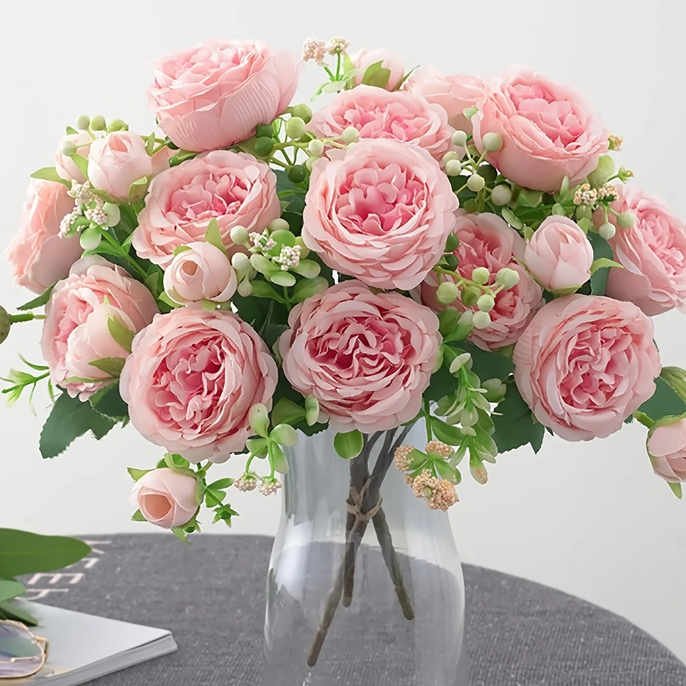 30cm Rose Pink Silk Bouquet Peony Artificial Flower 5 Big Head 4 Small Bud Bride Wedding Home Decoration Artificial Flower