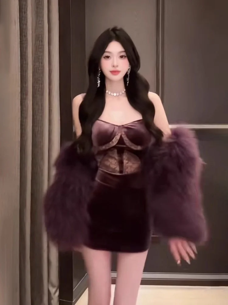 

Pure Desire Sexy Purple Lace Patchwork Velvet Skirt Summer Spicy Girl Slim Strap Wrap Women's High Waist Short Dress