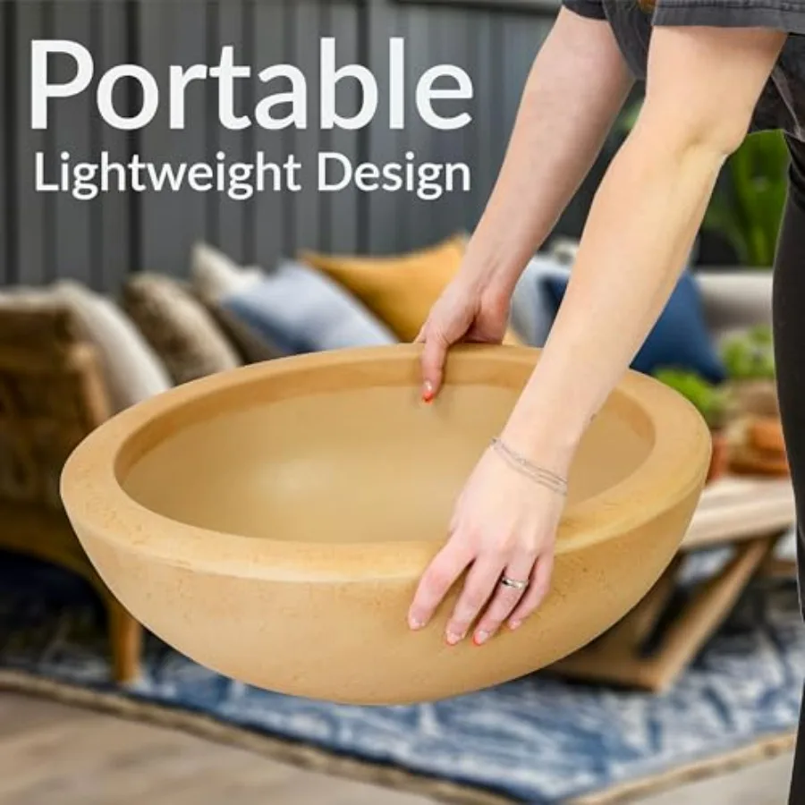 Outdoor planter bowl for flowers and succulents, polyresin double-walled, sand color, shallow 20.75-inch design, set of 4