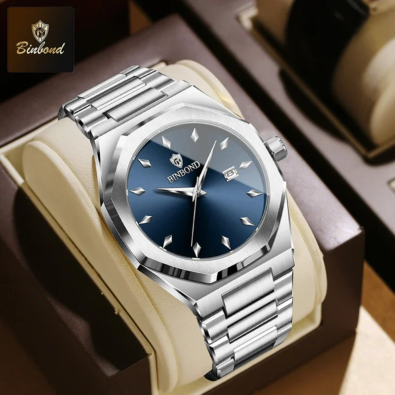 BINBOND Brand Fashion Popular Man Quartz Watch Date Waterproof Wristwatch Luxury Stainless Steel Sport Casual Men Watch Reloj