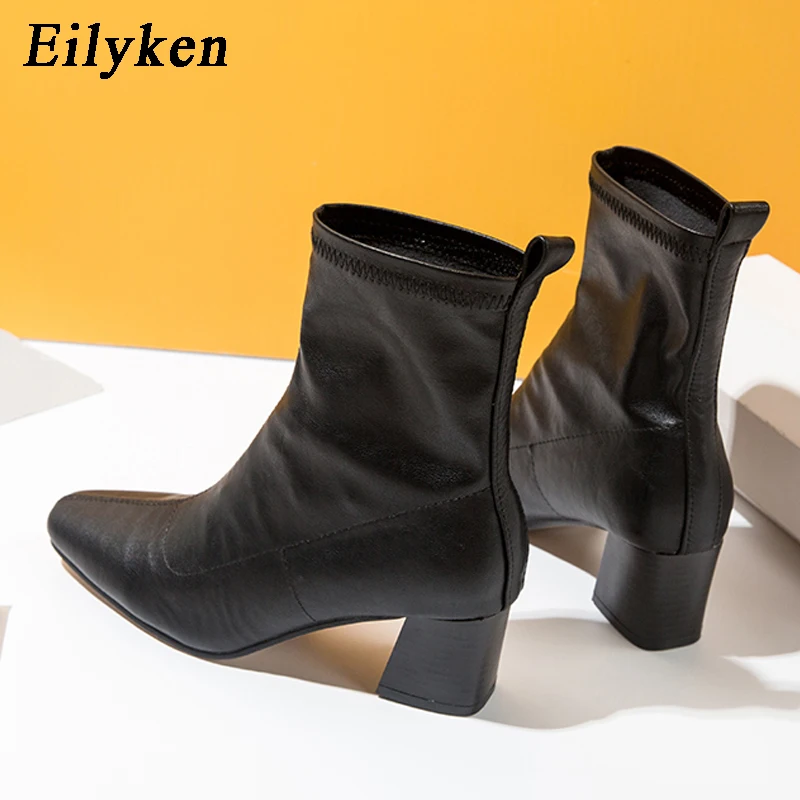 Eilyken Black Brown Autumn Winter Ankle Boots For Women Soft PU Leather Female Square Heels Elastic Boots Size 35-42