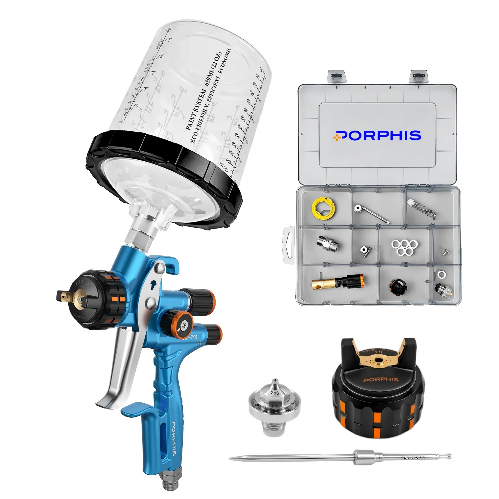 PORPHIS PRD-715 MP Spray Gun with Nozzle & Needle Cap Kit Maintenance Parts for Automotive Refinish Base Coat Clear Coat