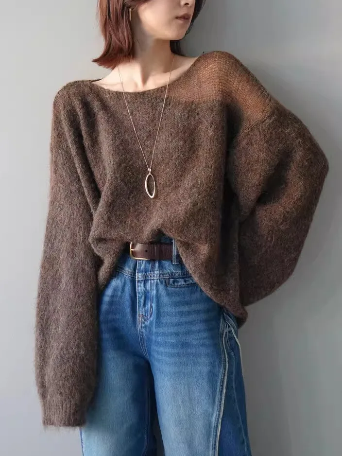 

Сексуальный вязаный свитер в стиле ретро, женский свободный прозрачный топ с плечами, модный дизайн, осень-зима, винтажный слэ