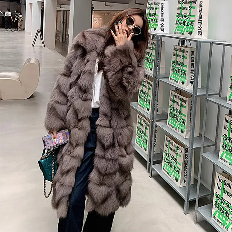 Casaco longo Faux Fox Fur para As Mulheres Casaco Fofo Marrom Casaco Casual Casaco Grosso Quente Imitação de Pele Solta Casaco de Pele de Inverno