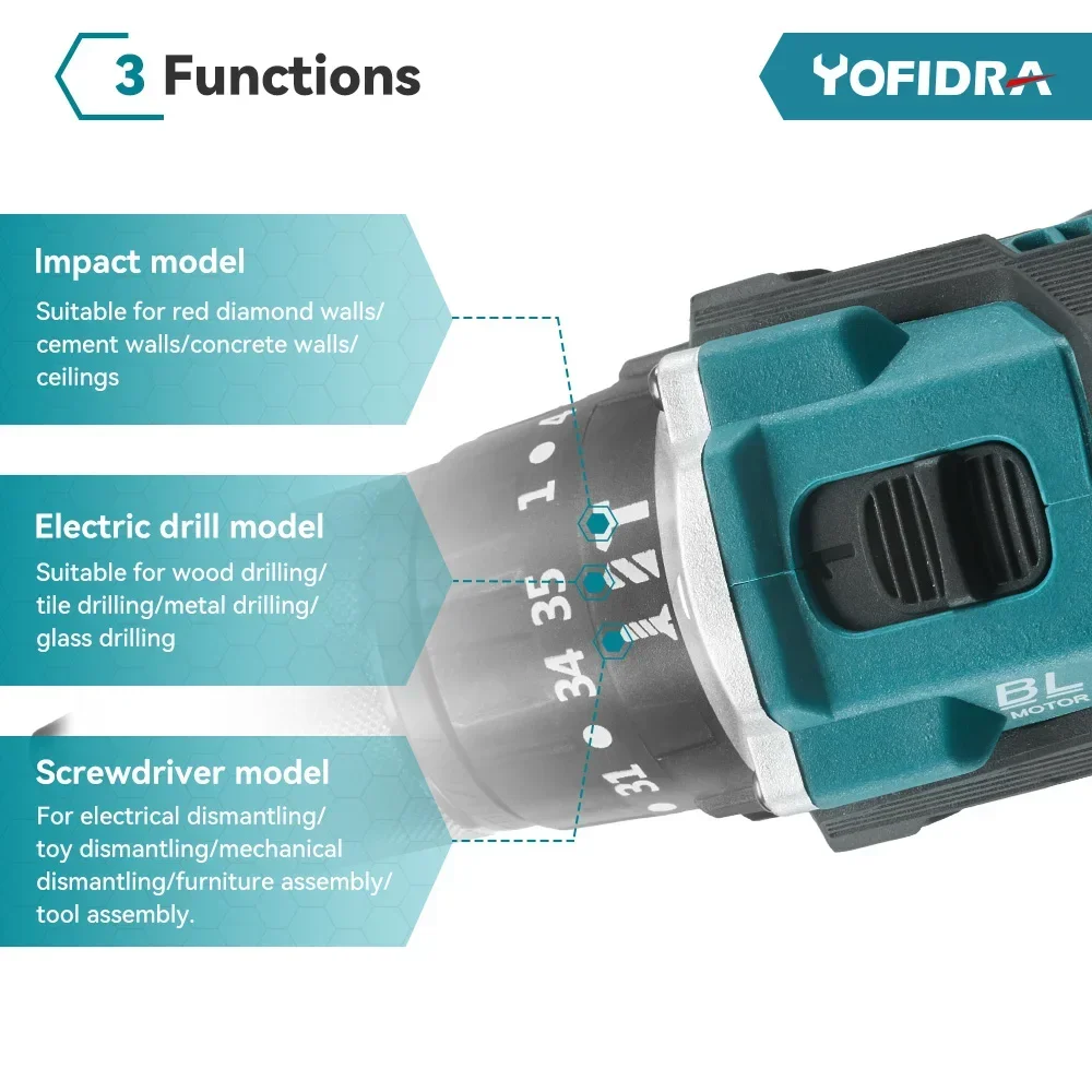 Yofidra 13mm 35+3 Torque Brushless Electric Impact Drill Cordless Efficient Electric Screwdriver Tool For Makita 18V Battery