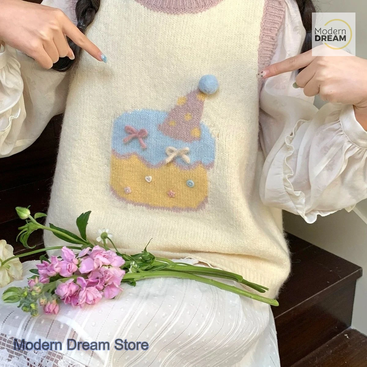 한국식 게으른 바람 케이크 패턴 부드러운 왁시 스웨터 여성 가을 겨울 신상 달콤하고 사랑스러운 루즈핏 레트로 자카드 조끼