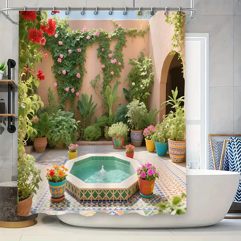 

Mediterranean Garden Shower Curtain Moroccan Mosaic Design with Greenery Pots ‌Enhanced Natural Aesthetic for Bathroom Decor