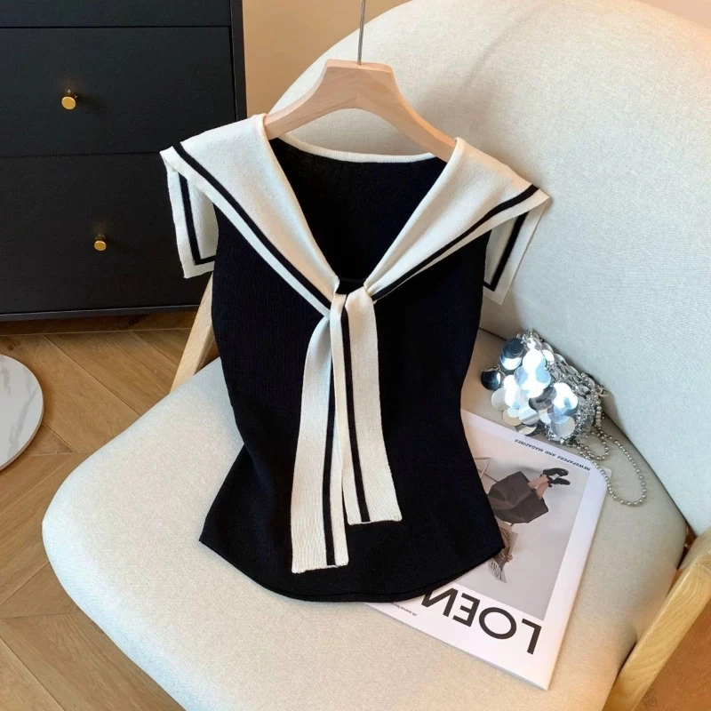 

Sweet Contrast Patchwork Sleeveless Knitted Vest for Women New Summer Slim Ice Silk Fashion T Shirt Tops Korean Casual Clothing
