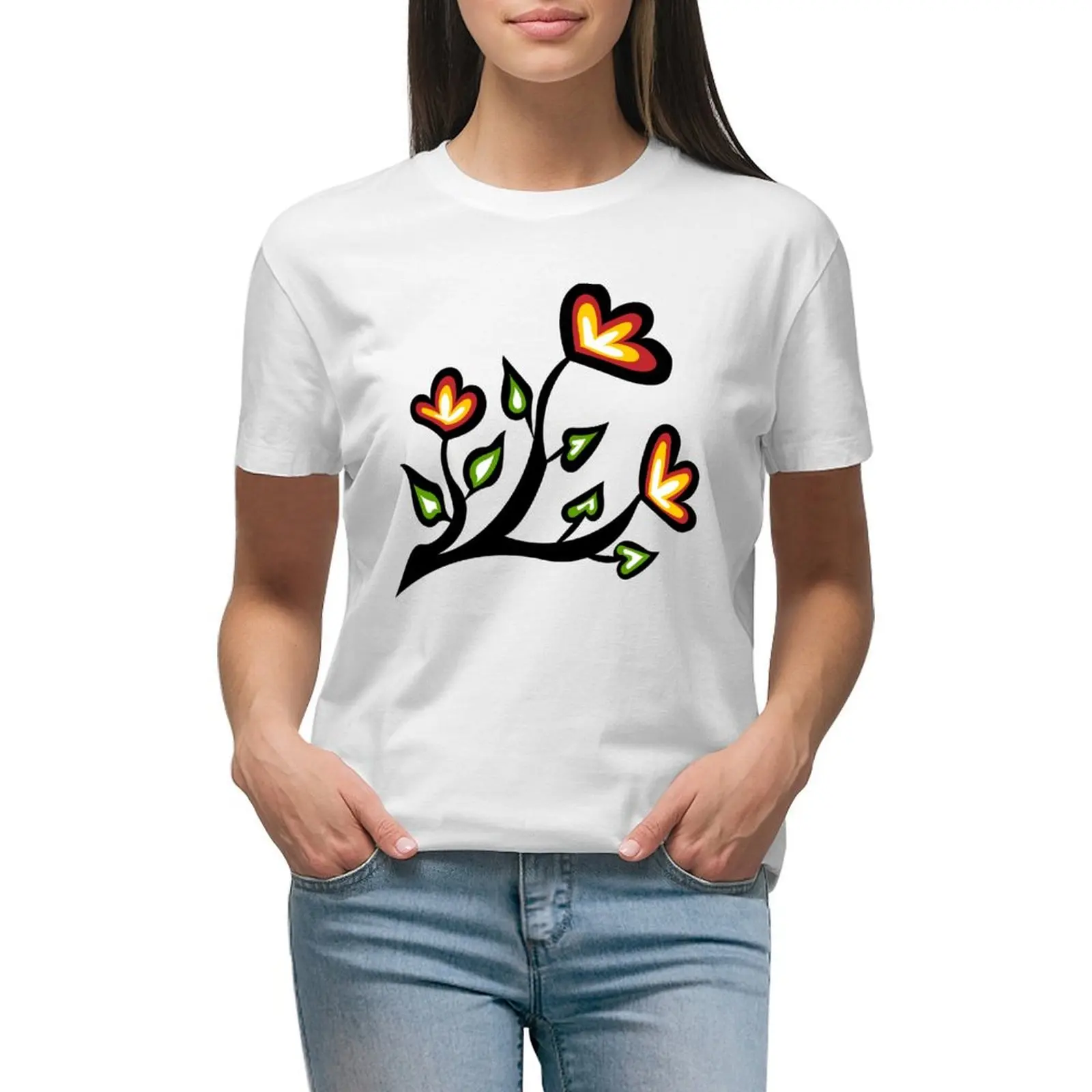 Four Directions Beadwork Flower Indigenous WAWEZHI CANADA T-shirt shirts graphic tees tops plus size tops Womens clothing