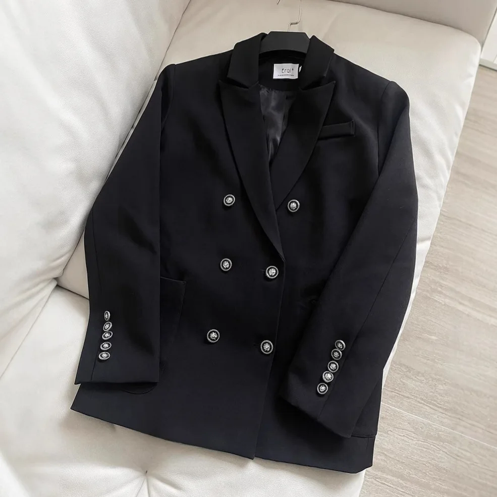 ZOCI Mode Schwarz Silhouette Anzug Jacke frauen Kerb Kragen Lose Zweireiher Lange Ärmel Einfache Blazer Neue TideFC1509