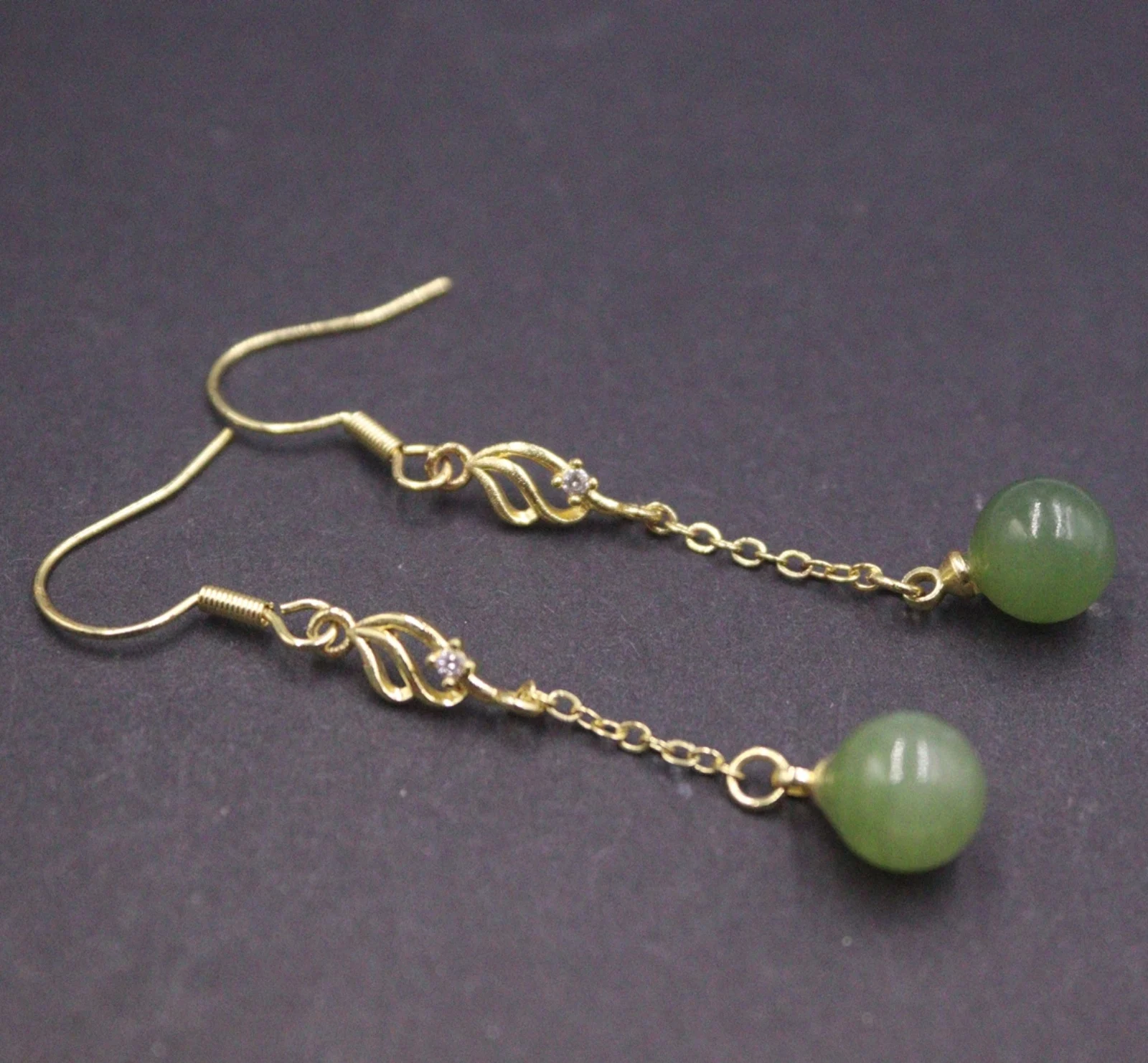 

Real Solid 925 Sterling Silver Natural Jade Jasper Bead Hollow O Link Chain Dangle Earrings