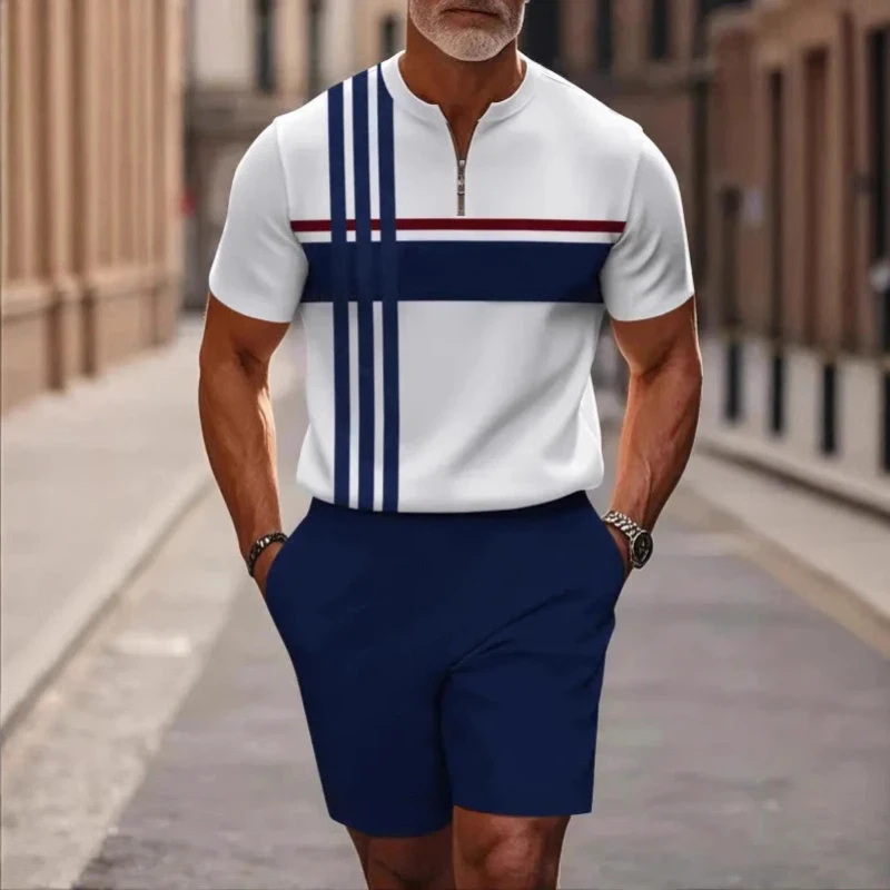 

Men's summer three-piece set consisting of a stand-up collar zipper 3D printed short-sleeved T-shirt and shorts for casual sport