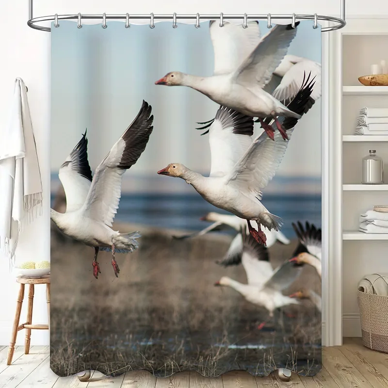 White Duck In Flight Shower Curtain Waterproof Print Home Decor.