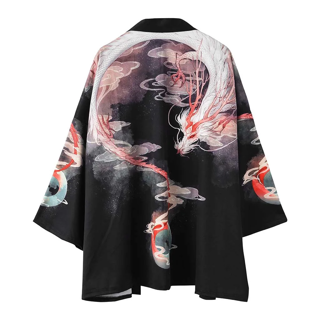

Japanese Kimono Cardigan Women Men Japanese Obi Male Yukata Haori Shirt Blouse Dragon Print Coat Traditional Samurai Costume