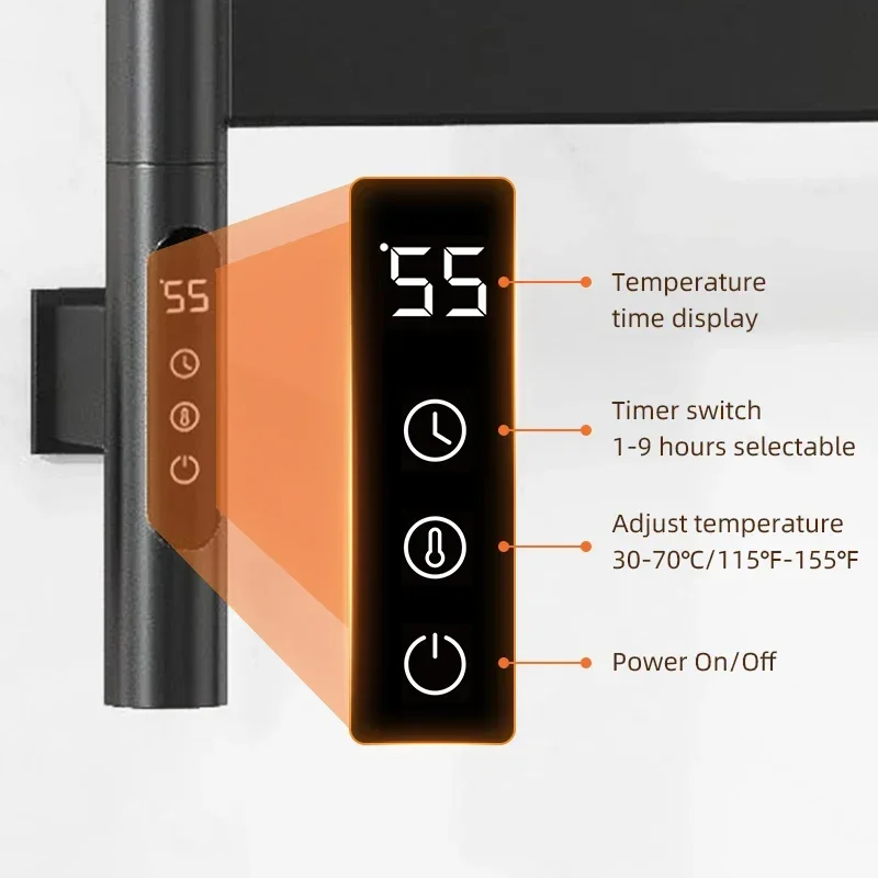 Elétrico aquecido Toalha Rail, Display Digital, controle de temperatura, sincronismo, Rotatable, aquecedores térmicos, banheiro inteligente, G68