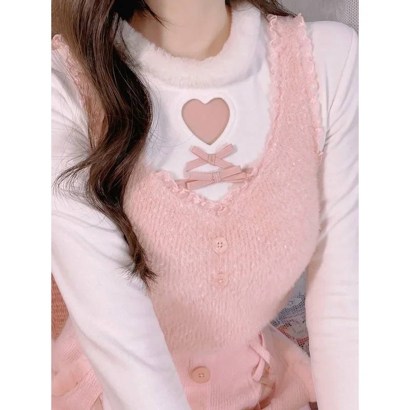 New Y2k Top Japanese Sweet Cute Soft Waxy Plush Collar Love Bow Girl Kawaii All-match Knitted Bottoming Shirt for Women