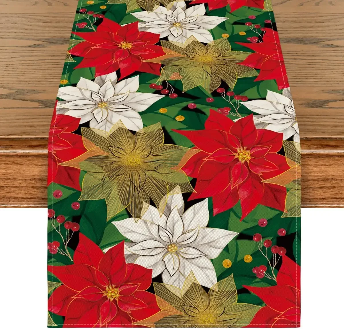 Christmas Poinsettia Holly Linen Table Runners Home Decor Washable Home Dining Table Runners Holiday Party Navidad Decoration