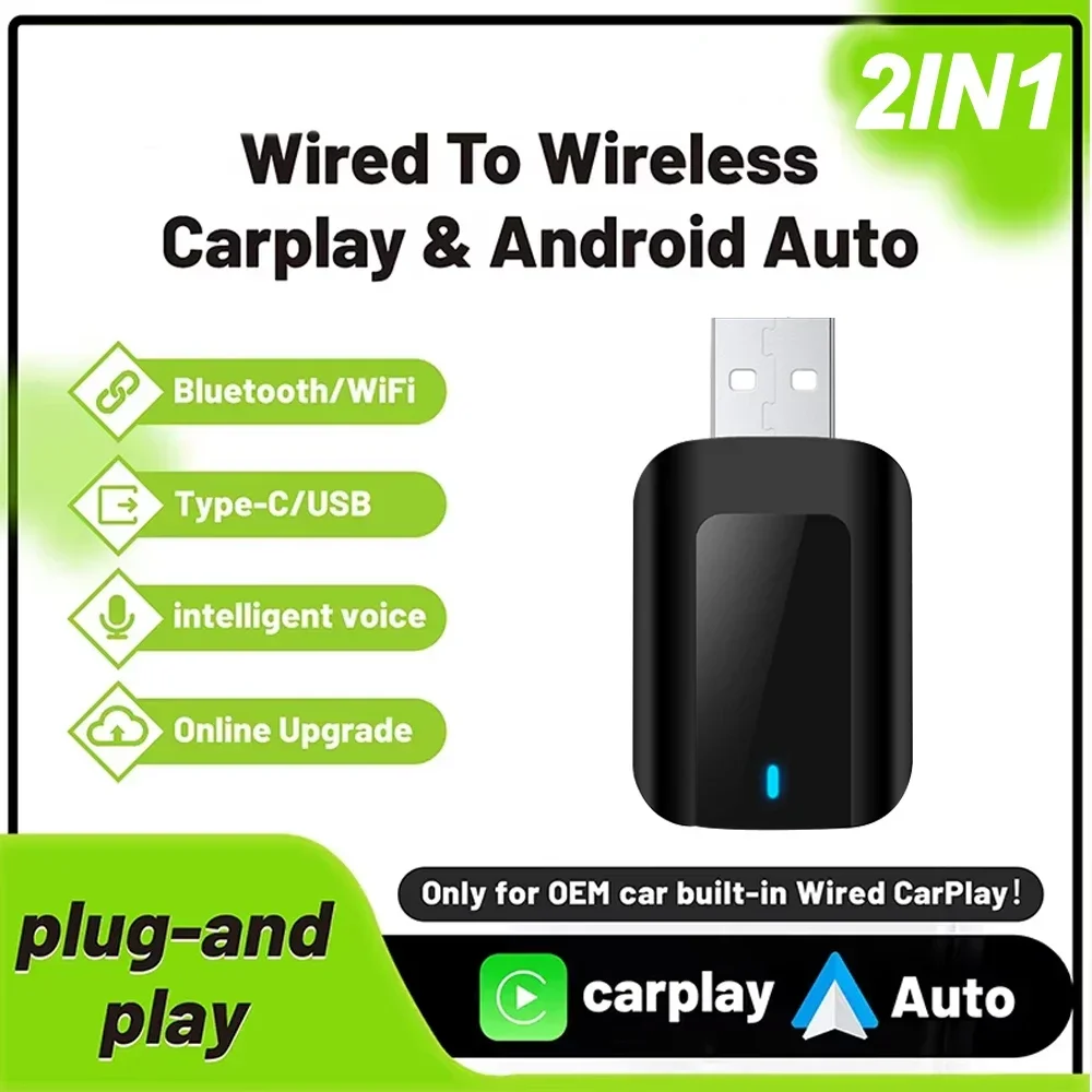 2 in 1 Carplay AI Box Wired to Wireless Carplay Android Auto Compatible with 99% of Cars Plug and Play Smart Dongle