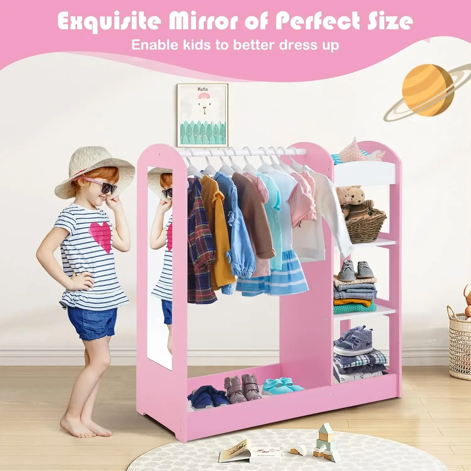 Kids Dress up Storage with Mirror, Clothes Rack, 3-Tier Shelves, Bottom Tray, Pretend Play Costume Dresser Organizer