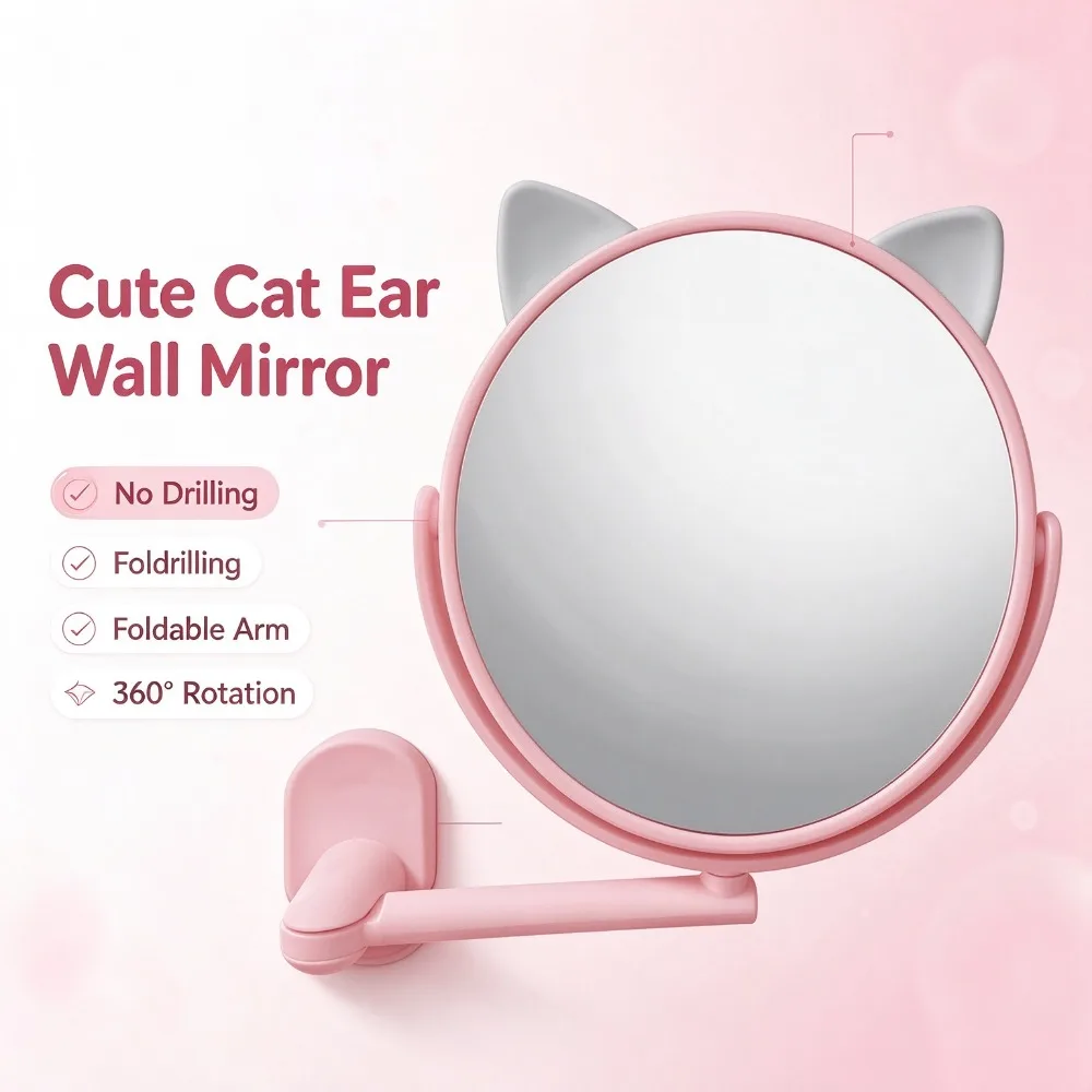 Wall Mounted Bathroom Vanity Mirror, Foldable Extend Arm, 360° Rotatable Suction Makeup Mirror, Cute Fixed Cartoon Ear Designs