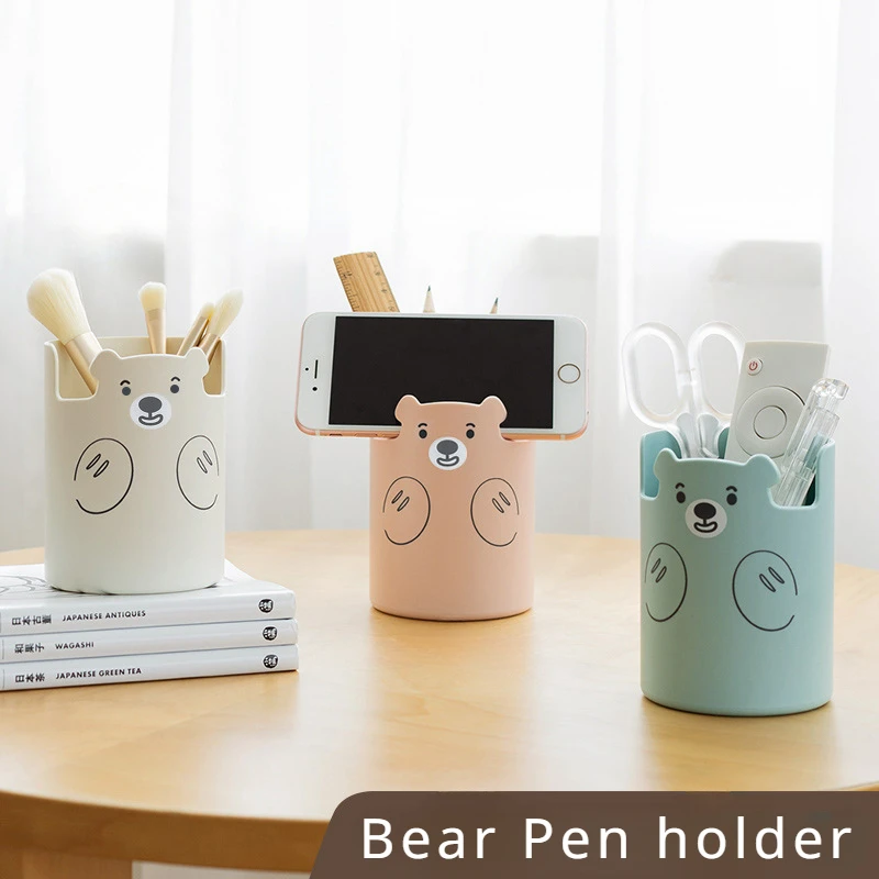 Japanese Ins Cute Cartoon Bear Pen Holder Creative Mobile Phone Holder Makeup Brush Storage Bucket Office Desktop Accessories