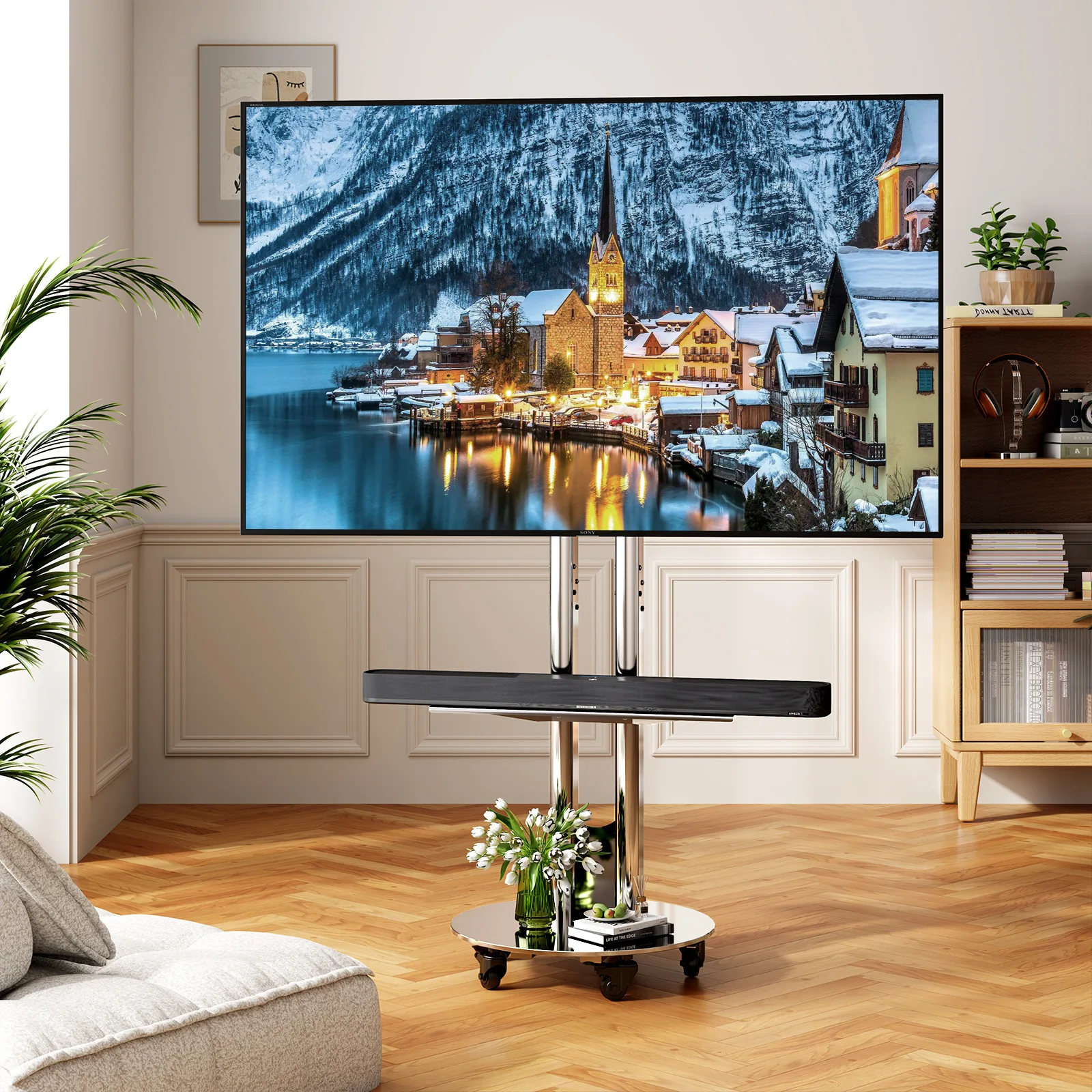 Stainless Steel Mobile TV Stand Round Base Rolling Cart Tilt Adjustable Floor Bracket for 32-75 Inch LCD LED Displays
