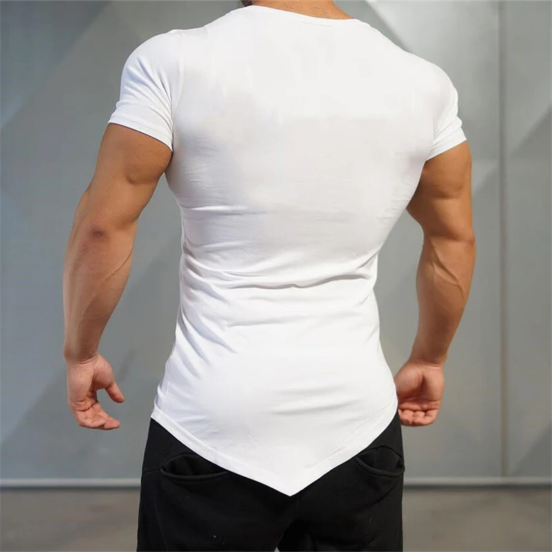 Solid Color Short Sleeve Slim Fit V-neck Shirts Gym Bodybuilding Fitness Muscle T-shirts Mens Workout Muscle Irregular Tee Tops