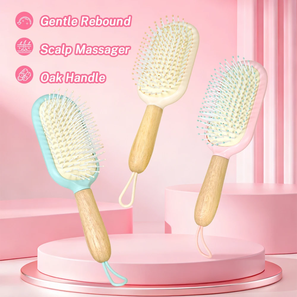 

Cute Colorful Air Cushion Hair Brush with Oak Handle Anti-Static Scalp Massage Detangling Tool for Daily Hair Styling & Care