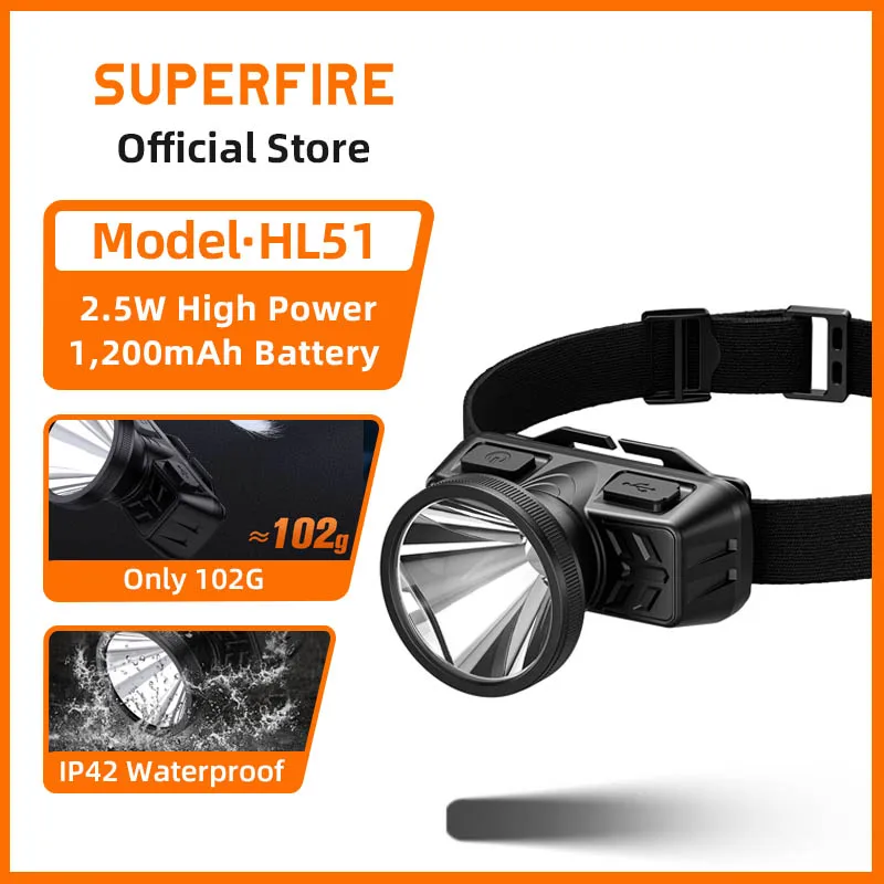 New SUPERFIRE HL51 Super Bright Head Flashlight 1200lm headlight led head headlamp Rechargeable Fishing 18650 Camping light
