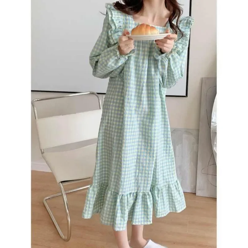 Plaid Women Nightgown Korean Sleepwear Ruffle Nightwear Autumn Night Dress Long Sleeve One Piece Pajamas Square Collar Home Wear