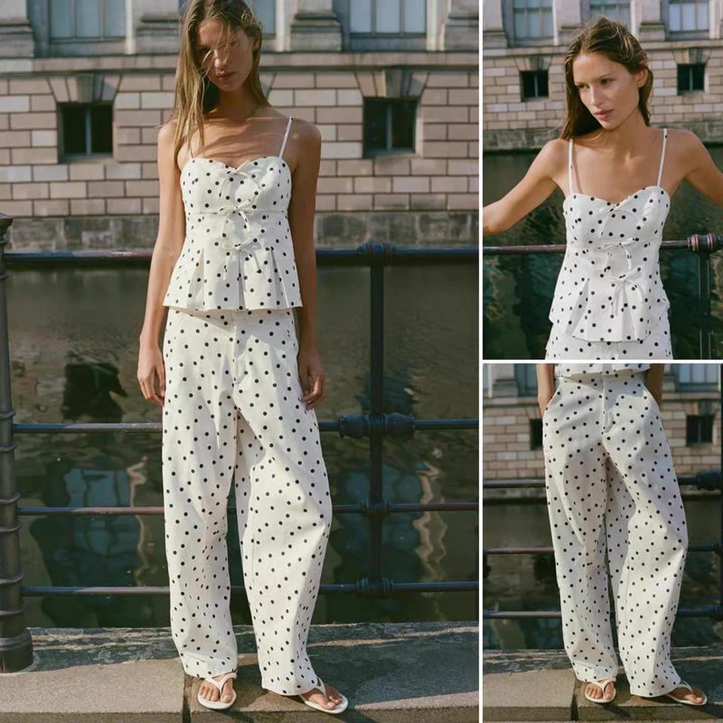 Spring Summer New Women's Fashion Polka Dot Hem Bucket Top And Pants Set ZR Style 2587154 2587153 Spring Summer Collection