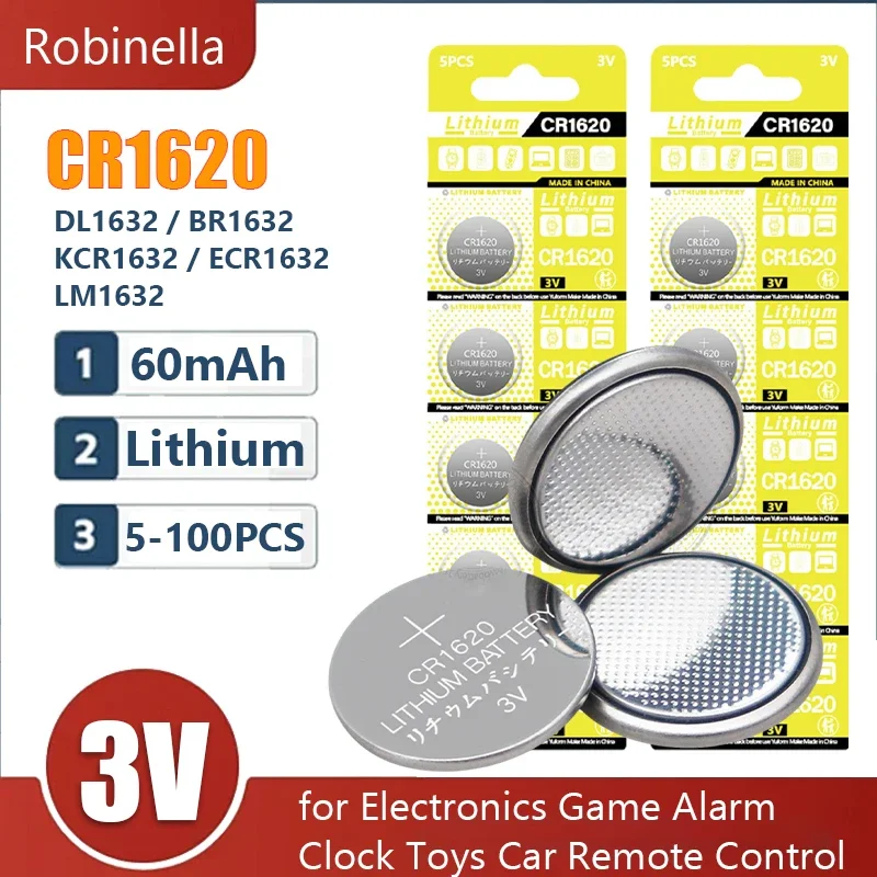 5-100pcs 3V CR1620 CR 1620 Lithium Button Battery for Watch Key Fob Calculator Car Remote Remote Control Toys