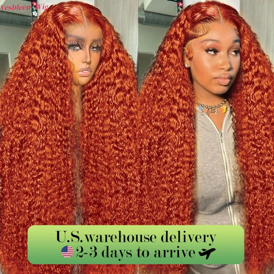 350 Orange Ginger Curly 13x6 HD Lace Front Human Hair Wigs Deep Wave 13x4 Frontal Wig 250 Density For Women 30 32 Inch