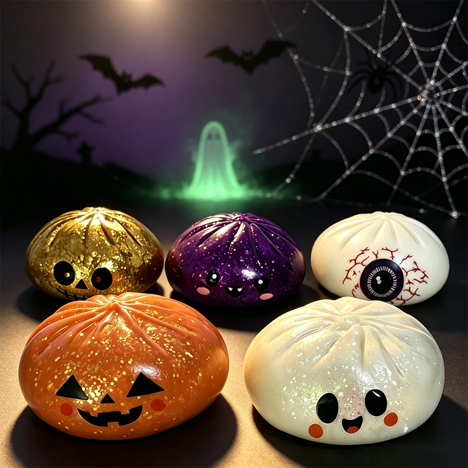 10cm Halloween Ghost Maltose Squishy Squeeze Toy Hand Grip Stress Relief Fidget Sensory Gift Box Set Party Decor Mystery Gifts
