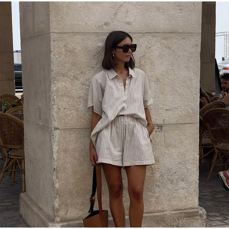 

2025 Summer New Casual Striped Lace Up Women Shorts Suits Lapel Half Sleeve Single Breasted Shirt Wide Leg Shorts Chic Lady Sets
