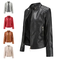 Frauen Faux Leder Mantel Pu Mäntel Dünne Jacke Volle Hülse Stehkragen Slim Fit Solide Sexy Regelmäßige Zipper Casual Splice Jacken