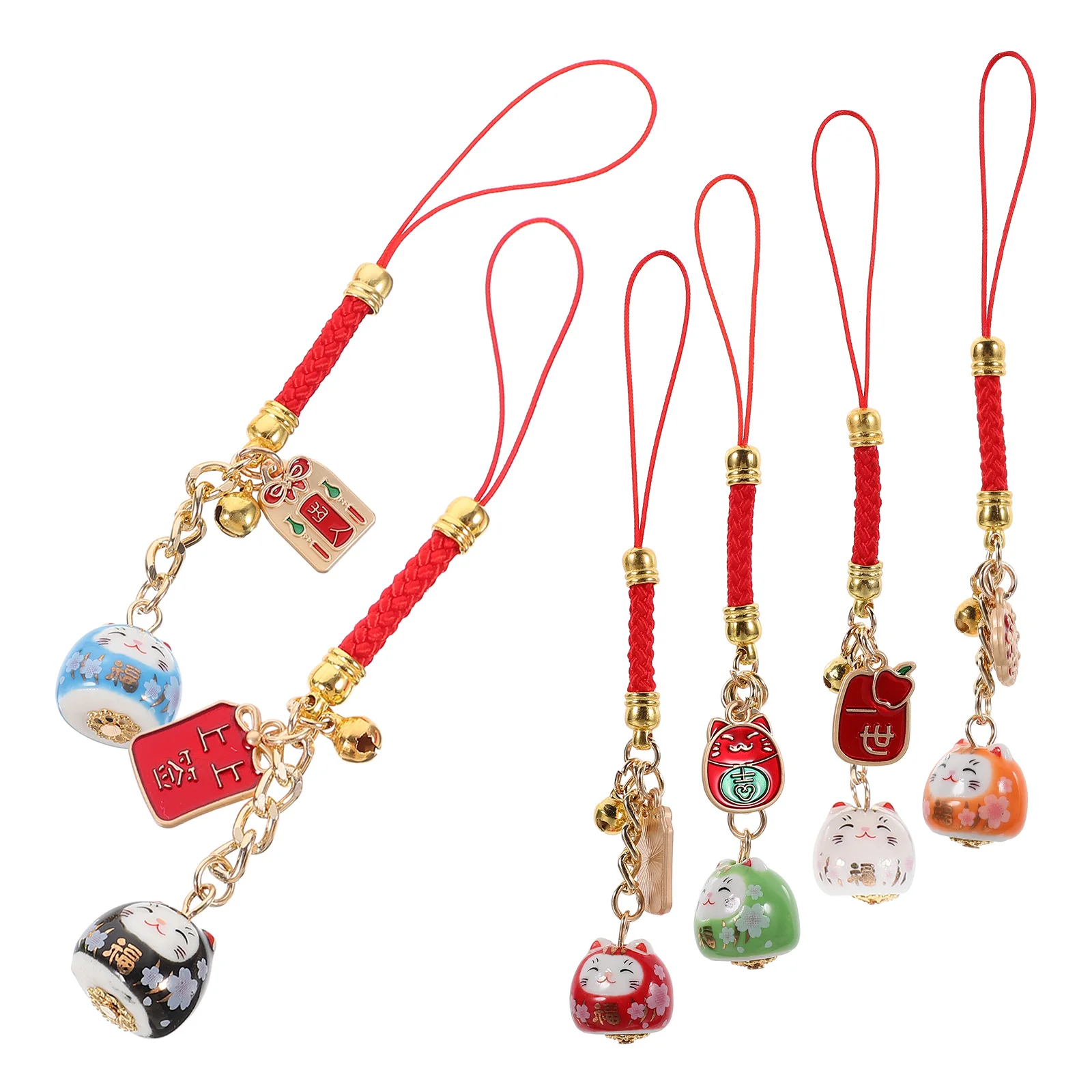 

6 Pcs Keychains Ceramic Ornaments Pendants Decorations Red Japanese Hanging Accessories Cartoon Cats Bag Phone Car