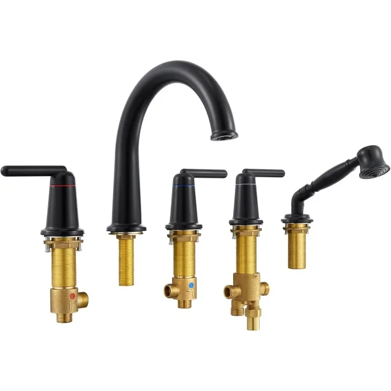 

Roman Bathtub Faucet Set with Handheld Sprayer and Rough-in Valve Widespread Deck Mount 5 Hole Classic High Arch Tub Faucets