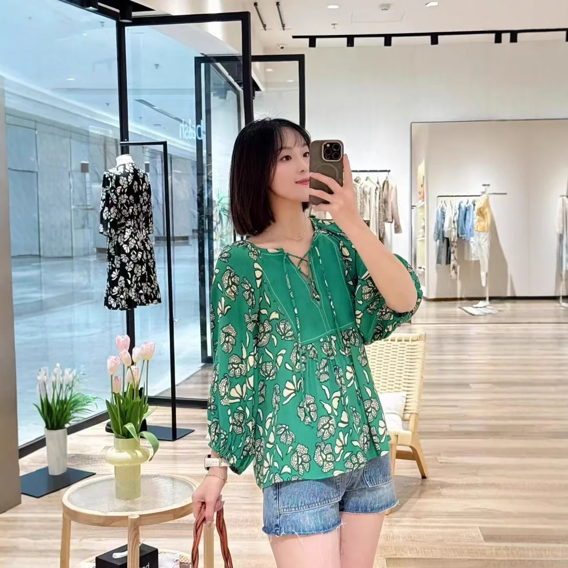 

French Sle Printed Plant een Double Color irt Summer Vaion Wind Blouse Loose Fit Bubble Sve Nine Points Sve