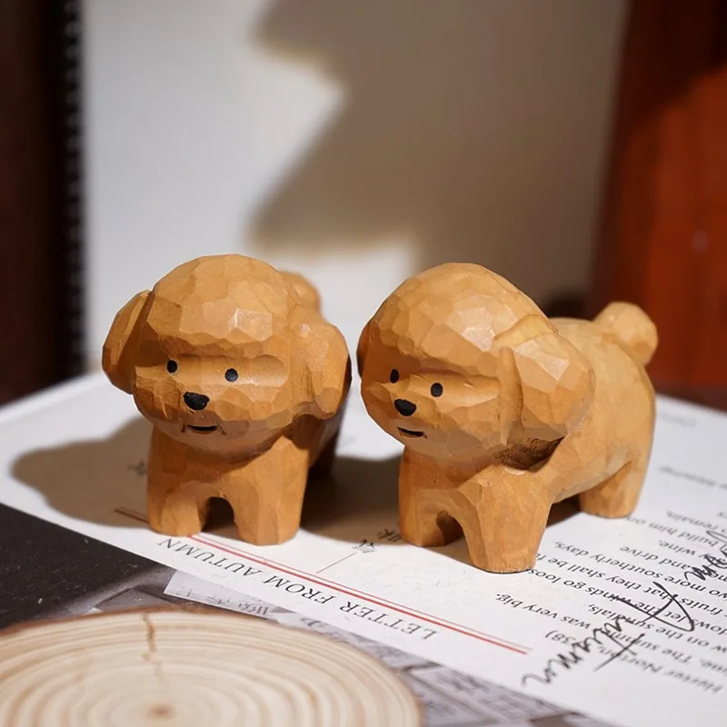 1PC Teddy Dog Hand Carved Wood Statue Puppy Figurines Creative Office Desk Decor Lovely Animal Miniatures Unique Gift for Friend