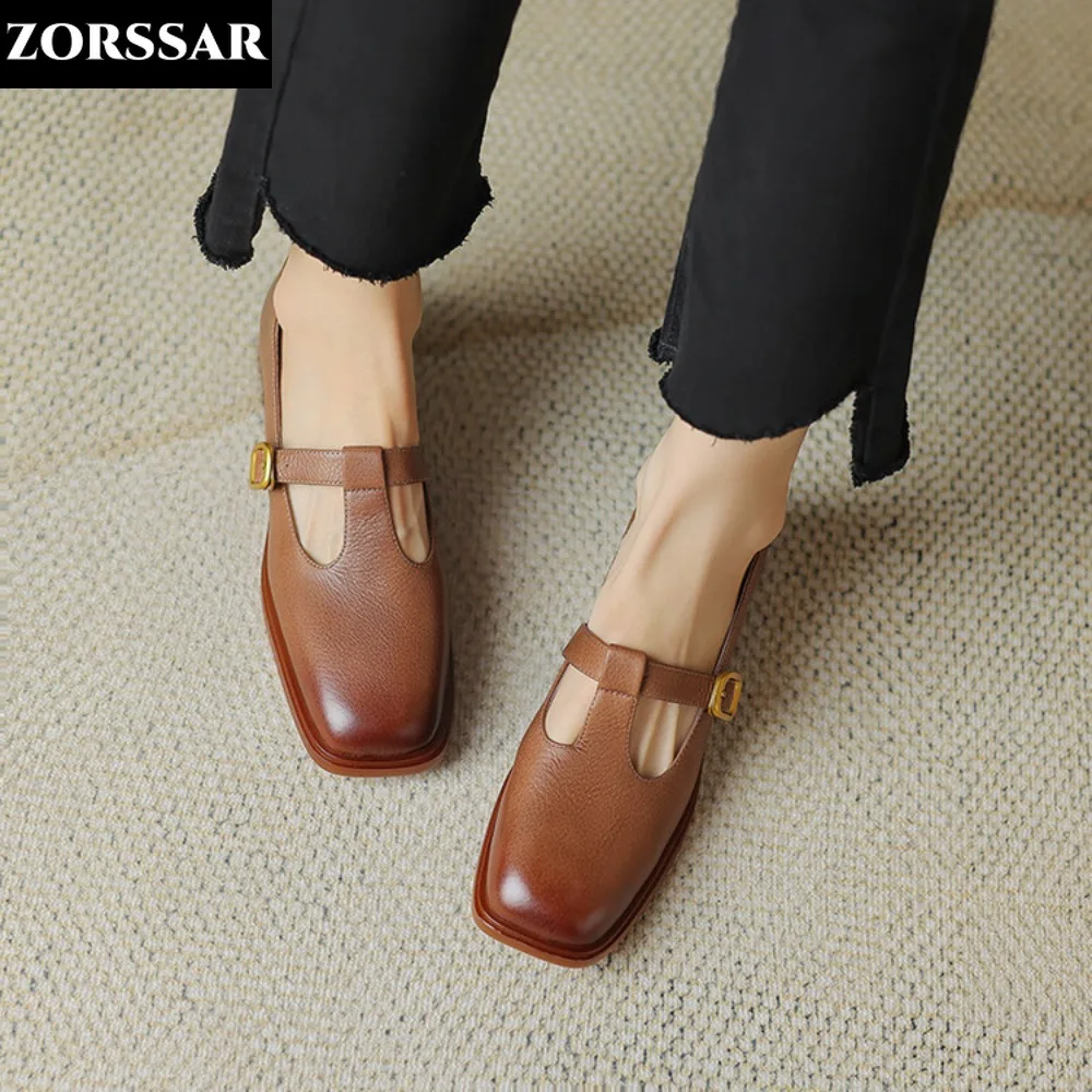 2024 New Genuine Leather Brown Shoes Vintage Low Heel Mary Jane Shoes Women Square Toe Chunky Heels Pumps Mujer Big Size 34-41