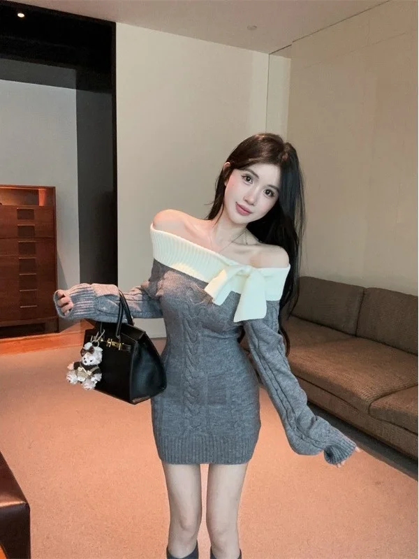 

Unique Knot Color Block Knitted Dress Gray Body Shape Highlighting Short Skirt Women's Fashion Spring Autumn 2025